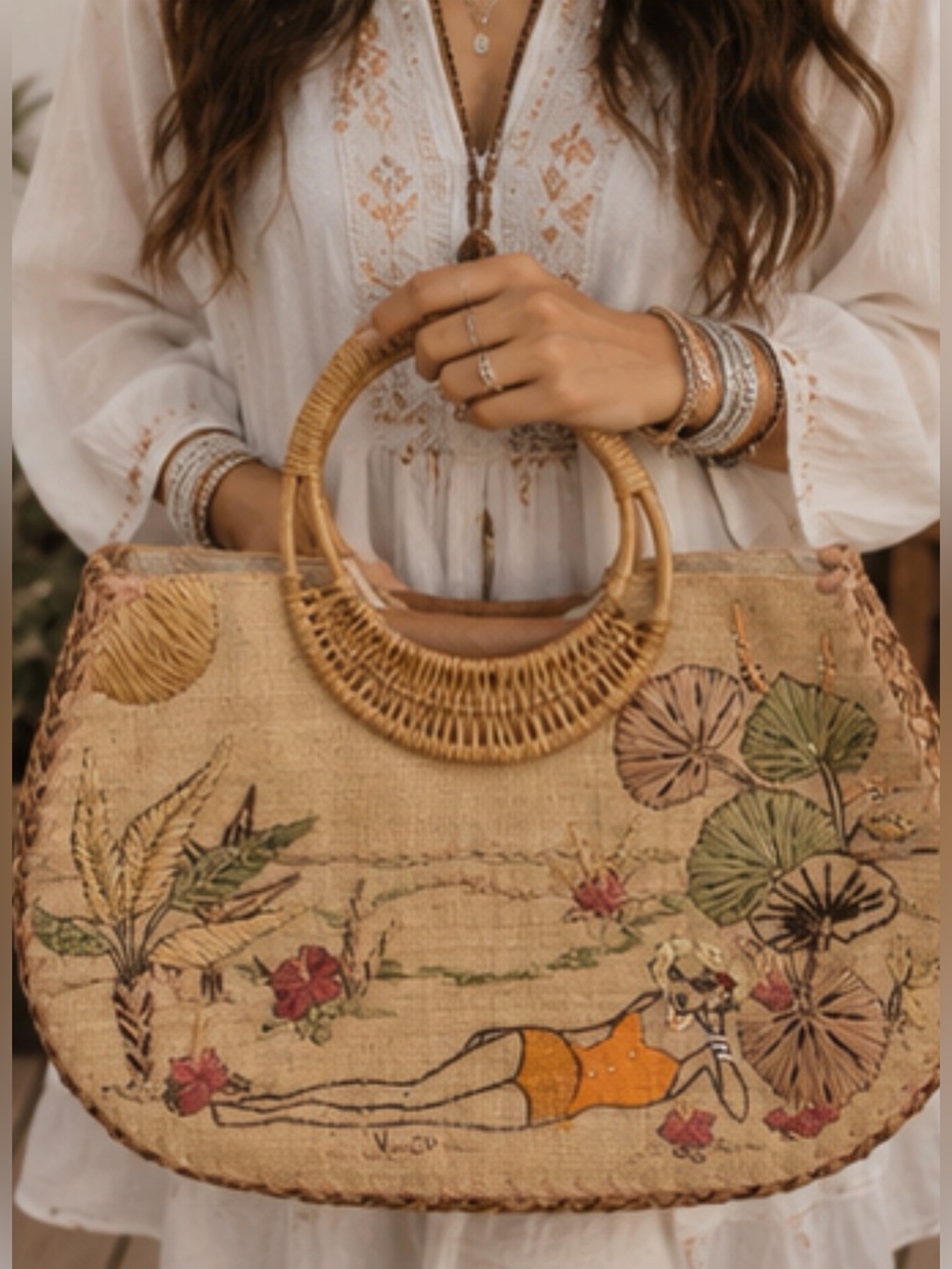Paint The Lily Vintage Embroidered Straw Tote Woven Rattan Handles Boho